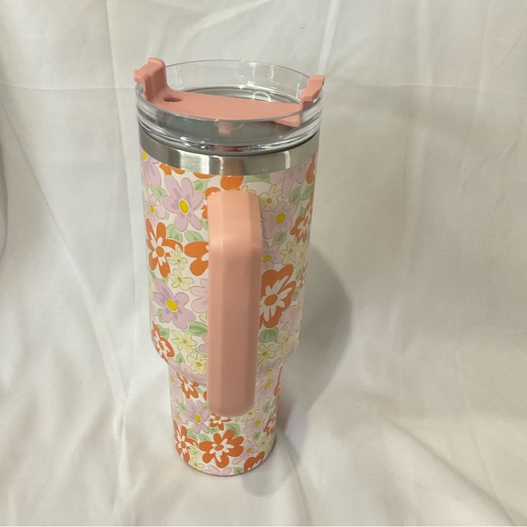 40oz Stainless Steel Floral Tumbler Travel Cup With Handle & Straw New With Box - Picture 5 of 6